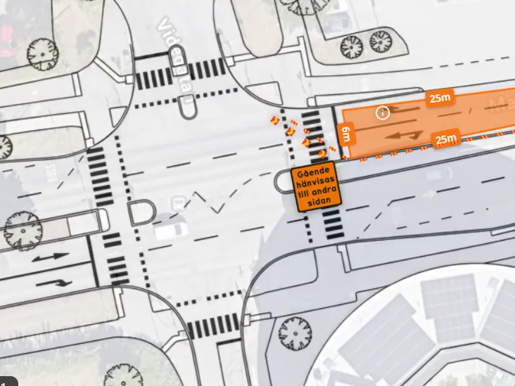Exempel på en TA-plan: ritning som visar hur trafiken leds förbi ett vägarbete med avstängning och vägmärken